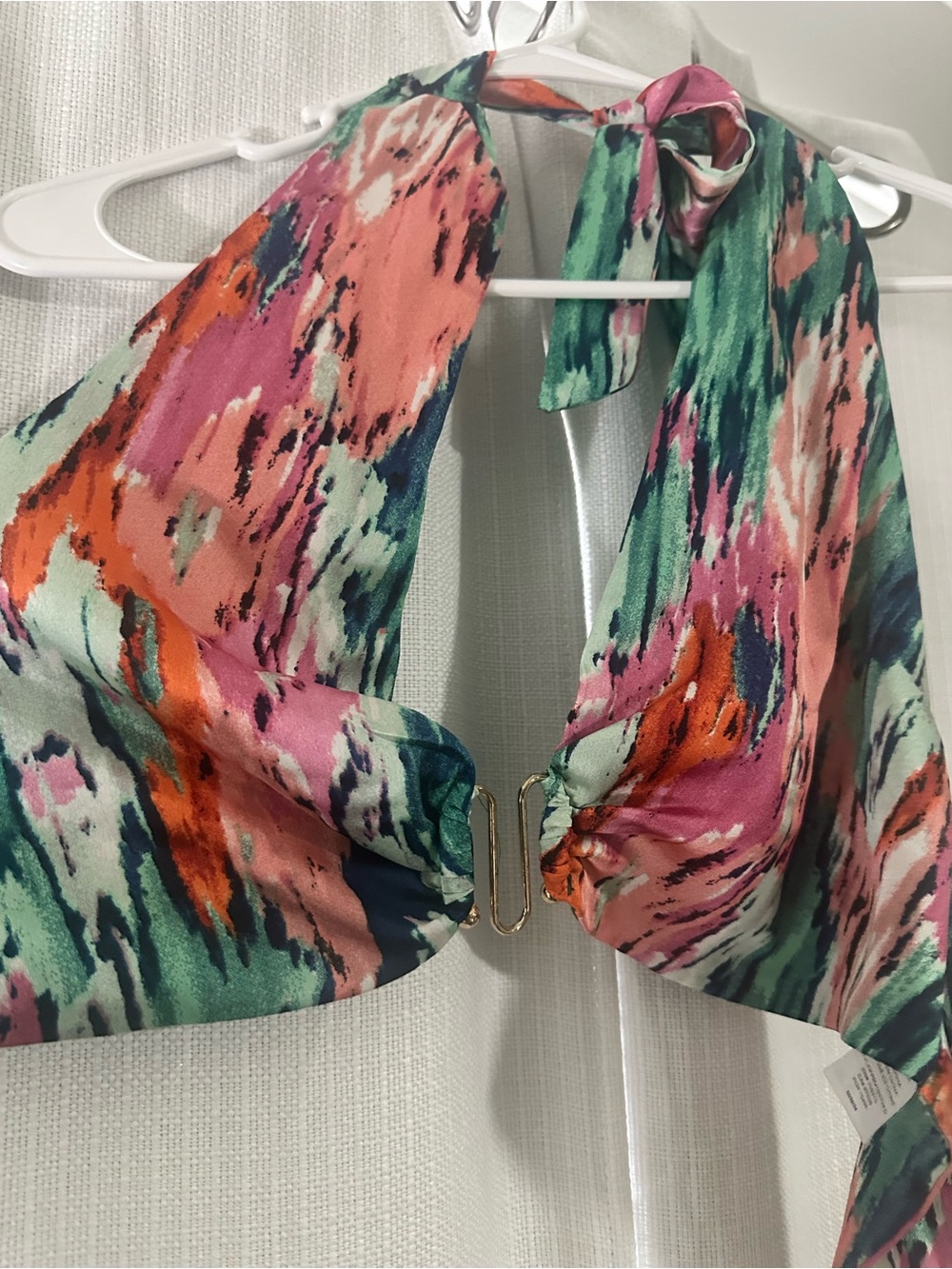 Windsor Multicolor Tie-Back Halter Crop Top in Pink, Coral & Teal